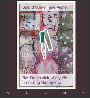 Screenshot of Empathy Deck card with a collaged background and the statement: "Spend some time alone, But I'm so sick of my life no feeling like my own"