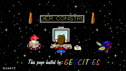 Animated gif of retro geocities website with lots of small moving images with a person on a computer in the middle by Marcie LaCerte @marslizard on giphy
