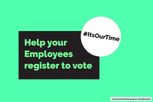 #ItsOurTime logo. Help your employees register to vote