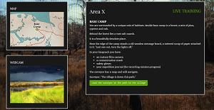 Screenshot from Join Southern Reach showing a map on the top left, a web cam of windswept fields below, and a text box with scene setting instructions on the right